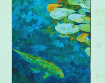 Koi pond flexible refrigerator magnet  5.5"x4"  large original lily pad art magnet, unique gift for mom