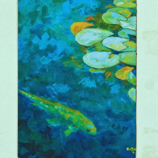 Koi pond flexible refrigerator magnet  5.5"x4"  large original lily pad art magnet, unique gift for mom