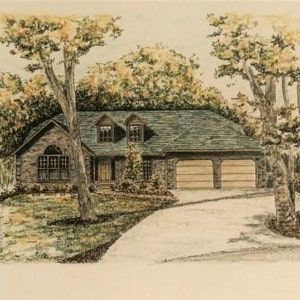 May include: A hand-drawn illustration of a two-story house with a garage. The house is painted in shades of brown and has a green roof. The garage has two doors and is painted in a light brown color. The house is surrounded by trees.