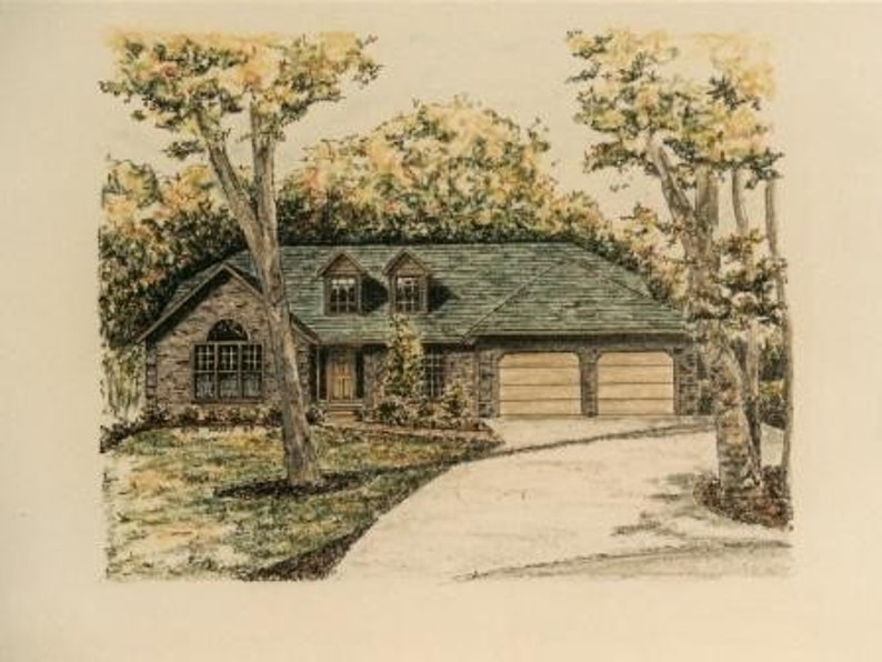 May include: A hand-drawn illustration of a two-story house with a garage. The house is painted in shades of brown and has a green roof. The garage has two doors and is painted in a light brown color. The house is surrounded by trees.