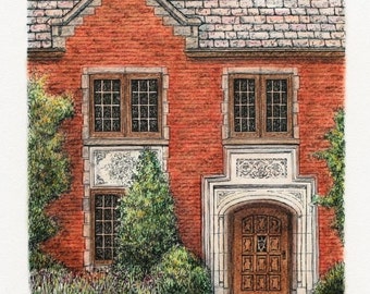 Pen and Ink Pastel Architectural Art, Neo Gothic Original Door Art, Home Decor 7.5"x9.5" sfa, colorful red brick building, house sketch