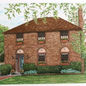 May include: A brick house with a brown roof and green bushes in front. The house has three windows on each floor and a blue door. There is a chimney on the right side of the house.