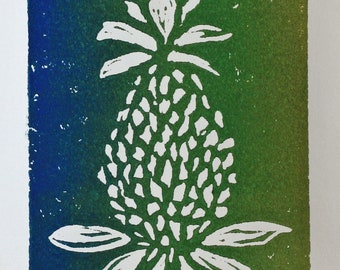 Graded color pineapple linocut print,  original block print, blue green, sfa, botanical art, fruit print, mini art