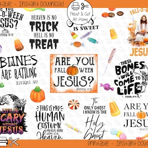 May include: Printable Halloween-themed designs featuring various phrases and images, including "Are you Fall-o-Ween Jesus?", "Heaven is no trick, Hell is no treat", "Bones are rattling", "Life is scary without Jesus", "This is my human costume", "The only ghost I know is the Holy Ghost", "These bones will come to life", and "Are you Fall-o-Ween Jesus?" The designs are perfect for creating custom t-shirts, mugs, tote bags, and other crafts.