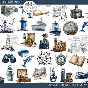 Könnte beinhalten: Ein Set mit 30 Aquarell-Illustrationen mit Leuchttürmen, Booten, Ankern, Kompassen und nautischen Zitaten. Die Illustrationen sind perfekt für Scrapbooking, Kartenherstellung und andere Bastelprojekte.