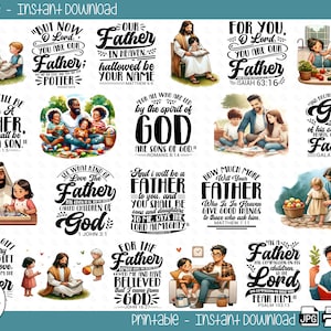 Puede incluir: Un conjunto de 12 tarjetas imprimibles para el Día del Padre con ilustraciones de familias y citas religiosas. Las tarjetas están diseñadas en un estilo de dibujos animados colorido con un fondo blanco.