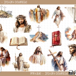 May include: A set of 12 watercolor illustrations featuring religious imagery. The images include Jesus, crosses, a bible, praying hands, and a crown of thorns. The illustrations are perfect for creating religious crafts, cards, or decorations.