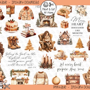 May include: A set of printable Christmas-themed stickers featuring illustrations of a gingerbread man, a fireplace, a cozy armchair, a Christmas tree, a woman reading a book, a woman holding a cup of coffee, a woman holding a pine cone, a stack of books, a cake, a house, a wreath, a stack of blankets, a candle, a bowl of cookies, a plate of food, a shelf with books, a Christmas ornament, and a quote about a merry heart. The text on the stickers reads "A Merry Heart Does Good Like Medicine Proverbs 17:22", "Glory to God in the highest, and on earth peace, good will toward men Luke 2:14", and "Let every heart prepare Him room".