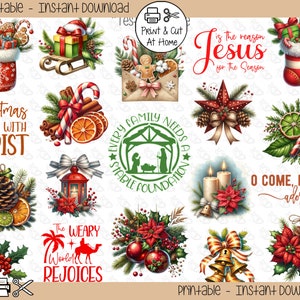 May include: A set of 12 printable Christmas illustrations featuring religious themes, including a nativity scene, a star, candles, and a stocking. The illustrations are in a traditional Christmas style with red, green, and gold colors.