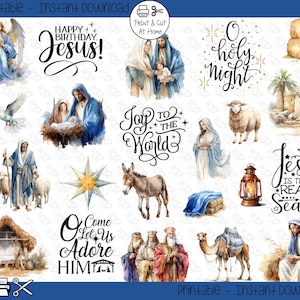 May include: A set of 12 watercolour illustrations featuring a nativity scene, including a manger, a donkey, a camel, a star, a shepherd, a sheep, and a dove. The illustrations also include text such as "Happy Birthday Jesus!" and "O Holy Night".