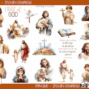 Könnte beinhalten: Druckbarer digitaler Download von 12 Aquarell-Illustrationen mit Kindern und religiösen Figuren. Die Illustrationen zeigen ein Kind mit einer Kerze, ein Kind beim Beten, ein Kind mit einem Lamm, Jesus mit einem Lamm, Jesus mit einem Kreuz und eine Bibel. Der Text "Kind Gottes" und "Erziehe den Knaben in der Richtung, die er gehen soll, und wenn er alt wird, wird er nicht davon abweichen. Sprichwörter 22:6" ist im Bild enthalten.
