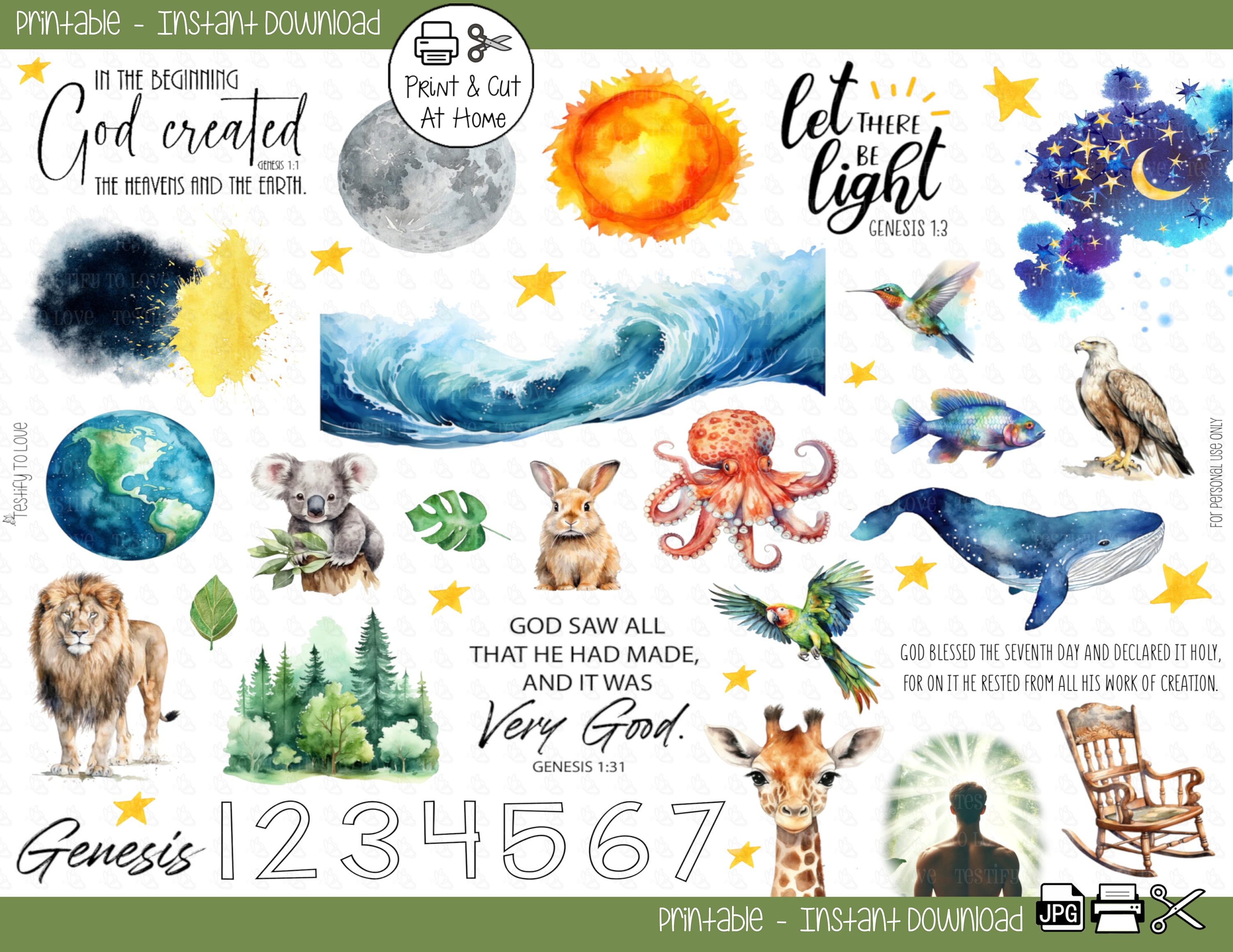 Genesis - Creation - Jesus - Religious Bible Study - Journaling - Printable Stickers