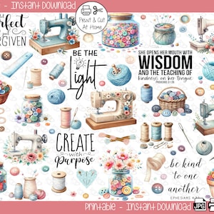 May include: Printable digital paper pack with a sewing theme. The pack includes images of sewing machines, buttons, spools of thread, jars of buttons, and inspirational quotes. The quotes include "Perfect and Forgiven", "Be the Light", "Create with Purpose", "She Opens Her Mouth with Wisdom and the Teaching of Kindness on Her Tongue", and "Be Kind to One Another".