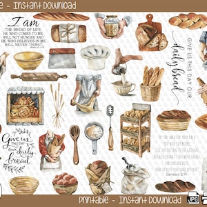 May include: Printable watercolor illustrations of bread, loaves, and baking supplies. The illustrations include text that reads "Give us this day our daily bread" and "I am the bread of life. He who comes to me will not hunger and he who believes in me will never thirst."