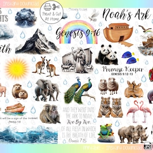 Pu&ograve; includere: Un set di adesivi digitali stampabili colorati con immagini relative all'Arca di No&egrave; e alla storia del diluvio. Gli adesivi includono animali, un arcobaleno, una montagna, una barca e testo biblico, tra cui "Genesi 9:16" e "Custode della Promessa".
