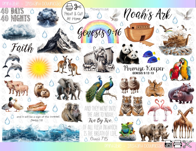 Pu&ograve; includere: Un set di adesivi digitali stampabili colorati con immagini relative all'Arca di No&egrave; e alla storia del diluvio. Gli adesivi includono animali, un arcobaleno, una montagna, una barca e testo biblico, tra cui "Genesi 9:16" e "Custode della Promessa".