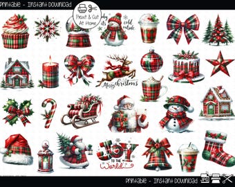 Könnte beinhalten: Ein Set mit 25 druckbaren Weihnachts-Clipart-Bildern mit einem rot-grünen Karomuster. Die Bilder beinhalten einen Schneemann, den Weihnachtsmann, ein Rentier, ein Lebkuchenhaus, einen Weihnachtsbaum, einen Strumpf, einen Zuckerstock, eine Glocke, einen Cupcake, eine Kerze, eine Schleife, eine Schneeflocke, eine Schneekugel, eine Tasse, einen Kuchen, einen Stern, einen Schlitten, eine Laterne und ein Schild mit der Aufschrift 'Joy to the World'.
