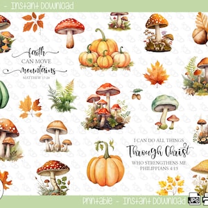 Autumn Fall Forest Mushrooms & Pumpkins Study Bible Journaling Planner Printable Stickers