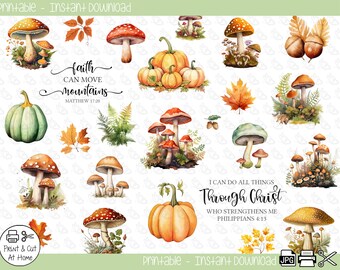 Autumn Fall Forest Mushrooms & Pumpkins Study Bible Journaling Planner Printable Stickers