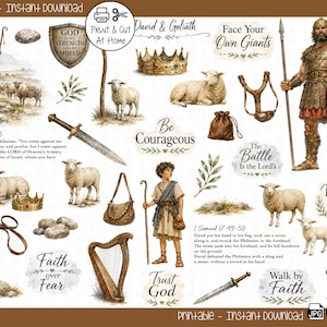 Op de afbeelding: Een digitaal printbaar vel met illustraties van David en Goliath, waaronder een herder, een krijger in harnas, schapen, een harp, slingers, zwaarden, een kroon, stenen en tekstpassages uit 1 Samuel 17, geschikt voor print- en snijprojecten.