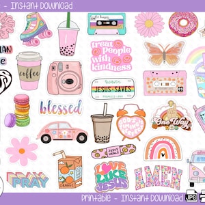Puede incluir: Un conjunto de 25 pegatinas imprimibles con una variedad de diseños, que incluyen citas religiosas, flores, comida y otras ilustraciones lindas. Las pegatinas están en un esquema de color rosa y pastel.