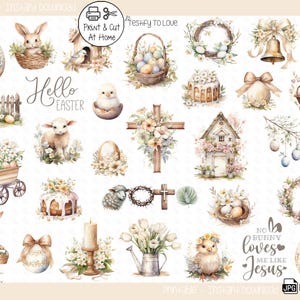 May include: A set of 24 watercolor Easter clipart images featuring bunnies, chicks, eggs, crosses, wreaths, and other spring-themed elements. The images are perfect for creating cards, invitations, scrapbook pages, and other crafts.