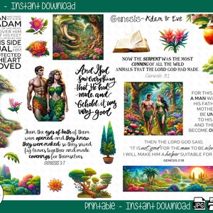 May include: Printable art featuring a colorful illustration of Adam and Eve in the Garden of Eden. The text includes verses from the Bible, Genesis 2:24 and 3:1, and 3:7. The image is a digital download.