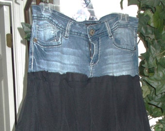 Black tulle jean skirt ruffled lace tiered layered French chic upcycled bohemian fairy funky hem asymmetrical Renaissance Denim Couture
