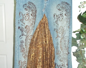 Copper Lace jean skirt bronze metallic ruffle beaded rhinestones mermaid One Tuff Babe paisley bohemian ballroom Renaissance Denim Couture