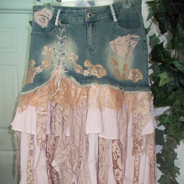 Ruffled lace jean skirt vintage French mauve pink rose gold silky stretch denim corset fairy rhinestones boho Renaissance Denim Couture