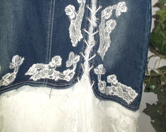 Ruffle lace jean skirt vintage French white ivory rose appliqué stretch denim corset fairy rhinestones bohemian Renaissance Denim Couture