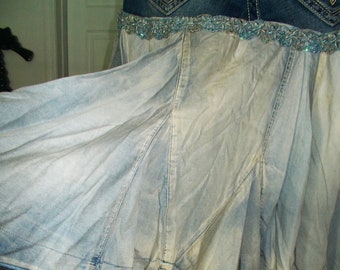 Rock Revival jean skirt vintage denim trio light blue sequins stretch embellished lace fairy rhinestones boho Renaissance Denim Couture