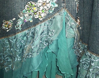 Turquoise beaded jean skirt fairy hem upcycled boho chic bohemian embellished mermaid teal silk ruffles maxi boho Renaissance Denim Couture