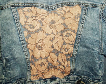 Guess jean jacket cropped vintage mauve rose lace appliqués embellished boho gypsy Renaissance Denim Couture