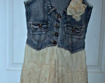 SALE Guess denim vest duster upcycled French antique cream lace embroidered roses white tulle cowgirl bohemian Renaissance Denim Couture