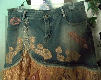 Rose gold ruffled lace jean skirt corset appliqués exquisite mauve silk lace French bohemian upcycled fairy Renaissance Denim Couture