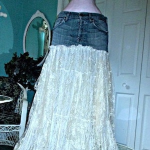 Ruffle lace jean skirt ivory French cream fairy goddess beach wedding mermaid boho Stevie Nicks festival  Renaissance Denim Couture