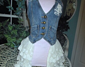 SALE Lace ruffled denim vest duster kimono ivory cream antique French distressed rose appliqués fairy bohemian Renaissance Denim Couture