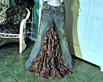 Copper Lace jean skirt bronze metallic ruffle cascade rhinestones mermaid Seven for All Mankind bohemian ballroom Renaissance Denim Couture
