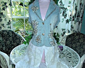 SALE Ivory lace ruffled denim vest embellished duster rhinestone sequin appliqué bohemian wedding cowgirl festival Renaissance Denim Couture