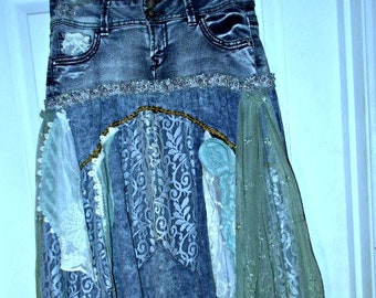Ruffled vintage French lace jean skirt turquoise rose stretch beaded rhinestones bohemian mermaid fairy Renaissance Denim Couture