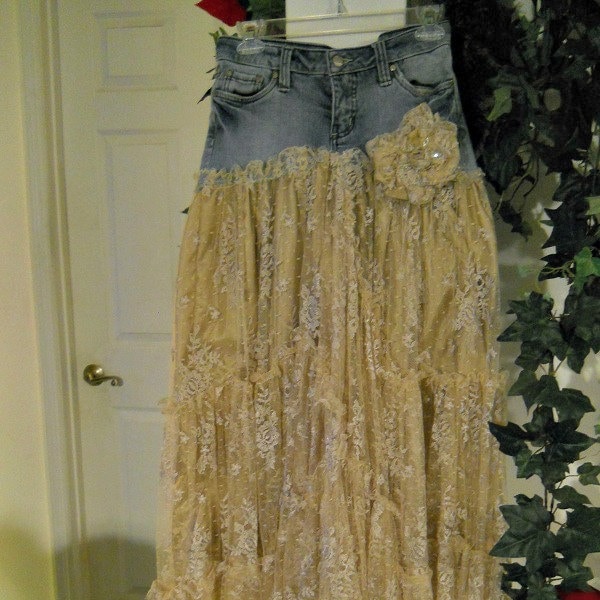 Belle Bohémienne ballroom jean skirt exquisite vintage lace ruffled fairy rose pin rhinestones Renaissance Denim Couture  Made to Order