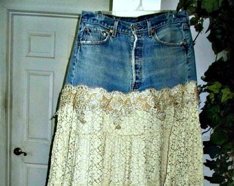 Vintage lace ballroom jean skirt exquisite beige French bohemian wedding antique upcycled Levis embellished  Renaissance Denim Couture  OOAK