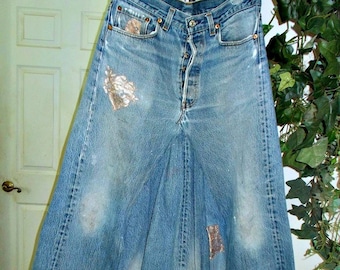 Levis upcycled ballroom jean skirt taupe lace floral appliqués roses maxi Renaissance Denim Couture fairy goddess mermaid belle bohémienne