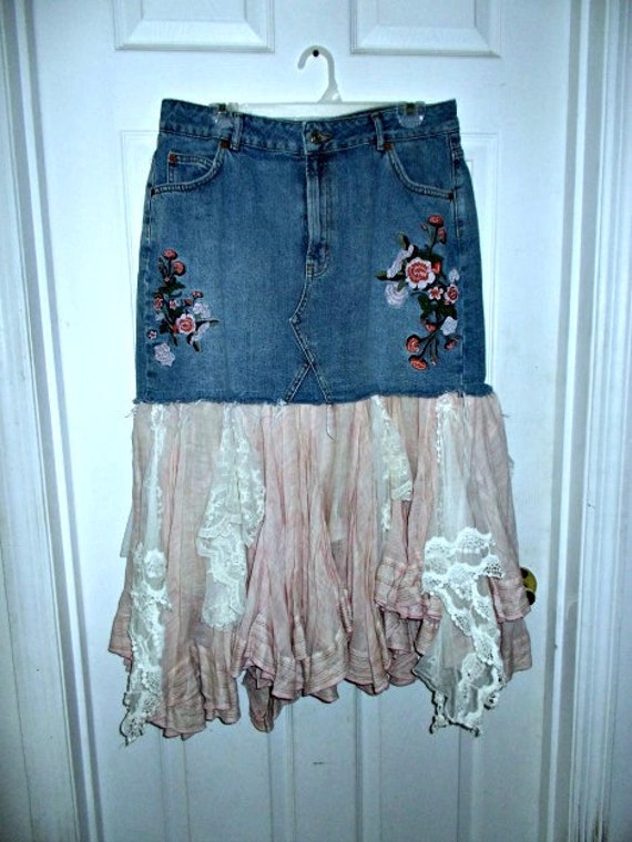 Ruffled Jean Skirt Embroidered Roses Top Shop Godets Pink - Etsy
