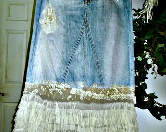 Seven for All Mankind upcycled lace jean skirt beige tulle ruffles embroidered French vintage light wash bohemian Renaissance Denim Couture