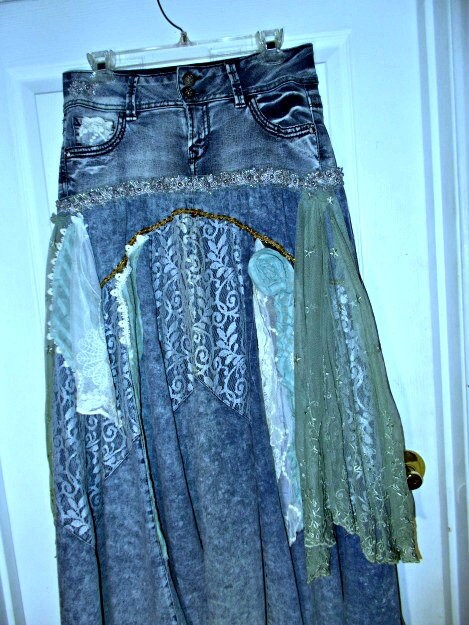 Ruffled Vintage French Lace Jean Skirt Turquoise Rose Stretch Beaded ...