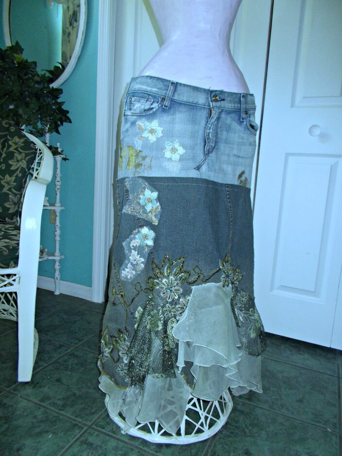 Seafoam Green Jean Skirt Minty Turquoise Aqua Floral Appliqué Etsy