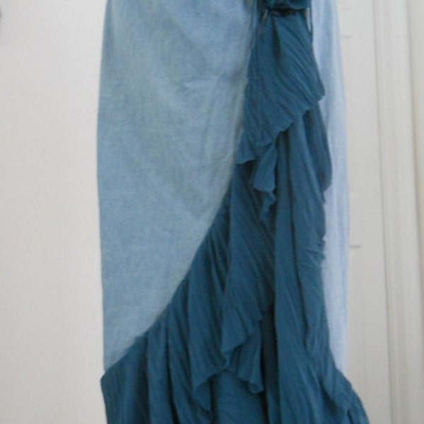 Cascade Bleue waterfall jean skirt teal silk cascading ruffle Renaissance Denim Couture turquoise blue bohemian sea goddess mermaid