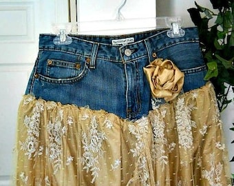 Vintage French lace jean skirt exquisite beige beach wedding Belle Bohémienne Renaissance Denim Couture bohemian cowgirl skirt Made to Order
